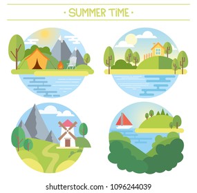 Summer design concept set. Flat icons isolated vector illustration. Icons of travel and vacation. 