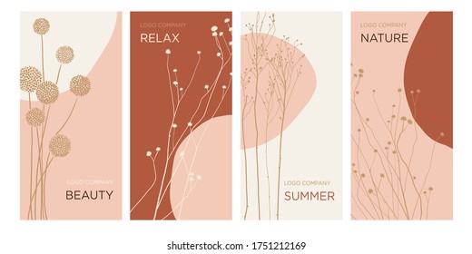 Concepto de diseño de verano Plantillas de banners, embalajes, tarjetas para el salón de belleza, spa, restaurante, hotel. Ilustración vectorial de las flores silvestres