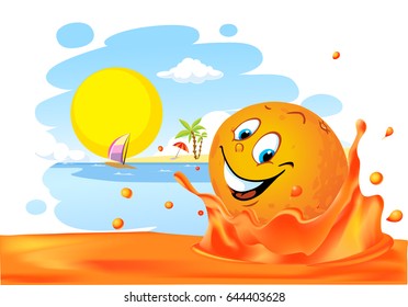 Summer design with cute orange fruit in juice splash on the beach - vector illustration