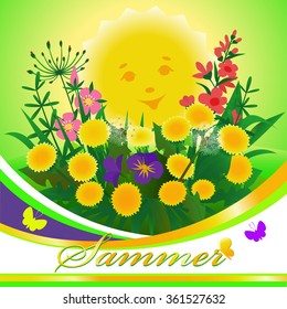 Summer design with dandelions, violet, yarrow, willow, grass, butterfly on a background of a smiling sun.