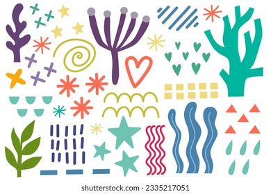 Summer design elements. Colorful shape doodle collection. Funny basic shapes, random childish doodle cutouts hand and decorative abstract art on isolated background.	