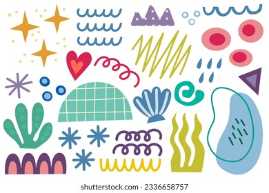 Summer design elements. Colorful shape doodle collection. Funny basic shapes, random childish doodle cutouts hand and decorative abstract art on isolated background.	