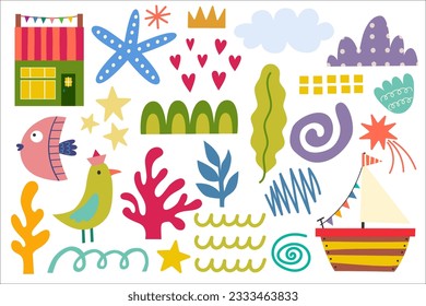 Summer design elements, house beach, fish, bird, boat, seaweed, shell, star. Colorful shape doodle collection. Funny basic shapes, random childish doodle cutouts hand and decorative abstract art