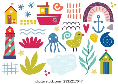 Summer design elements, house beach, rainbow, octopus, lighthouse, seaweed,boat, shell, star. Funny basic shapes, childish doodle cutouts hand and decorative abstract art on isolated background.	