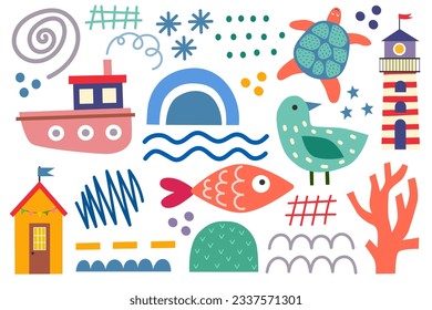 Summer design elements, house beach, rainbow, fish, lighthouse, boat, bird, shell, star. Colorful shape doodle collection. childish doodle cutouts hand and decorative abstract art.