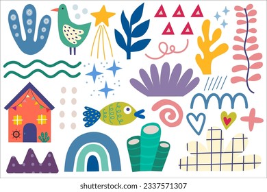 Summer design elements, house beach, rainbow, fish, bird, seaweed, shell, star. Colorful shape doodle collection. Funny basic shapes, random childish doodle cutouts hand and decorative abstract art