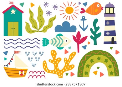 Summer design elements, house beach, rainbow, fish, lighthouse, seaweed, boat, star. Colorful shape doodle collection. Funny basic shapes, random childish doodle cutouts hand and decorative abstract 