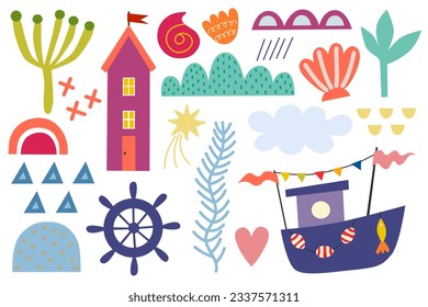 Summer design elements, house beach, rainbow, fish, boat, seaweed, shell, star. Colorful shape doodle collection. Funny basic shapes, random childish doodle cutouts hand and decorative abstract art