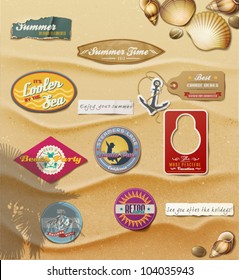 Summer Design Elements on sand background.Useful design elements: signs, tag, labels, papers in summer style. Vector Illustration.