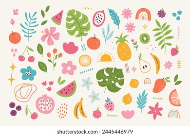 Elementos de diseño de verano - naranja, pera, cereza, piña, sandía, kiwi, frambuesa, flores, hojas de palma y monstruos en estilo escandinavo. Perfecto para vacaciones de temporada. Ilustración vectorial