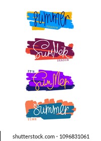 Summer design elements. Set of art brush strokes with lettering. Vector template