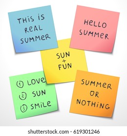 Summer design elements. Set of different color paper stickers with handwritten funny slogans.
 Vector illustration
