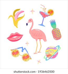 Summer design elements set. Flamingo, pineapple, cocktail, lips, citrus sunglasses, banana, summer planet with rings. Positive trendy summertime collection good for t-shirt, sticker, tote bag, textile