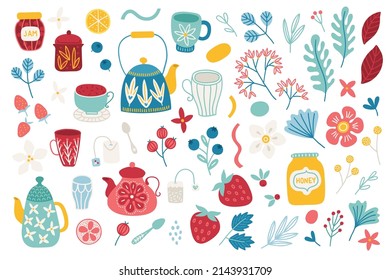Summer design elements - tea, cup, strawberry, flowers, lemon, teapot, berry, leaves, cranberry, blueberry, orange, glass. Perfect for seasonal holidays. Vector illustration