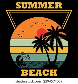 Summer design and summer elements. there is all design in vector file. there are have palm tree, surfer, boat, summer chair, sun, sunrise, sunset, waves, water waves, 