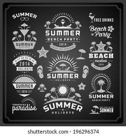 Summer design elements and typography design. Beach vacation and tropical paradise retro and vintage templates. Flourishes calligraphic ornaments, labels, badges, cards. Vector set. 