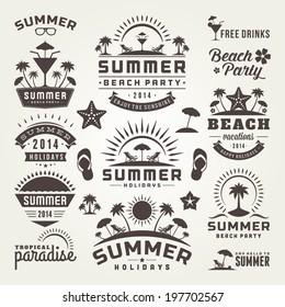 Summer design elements and typography design. Beach vacation and tropical paradise retro and vintage templates. Flourishes calligraphic ornaments, labels, badges, cards. Vector set. 