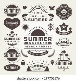 Summer design elements and typography design. Beach vacation and tropical paradise retro and vintage templates. Flourishes calligraphic ornaments, labels, badges, cards. Vector set. 