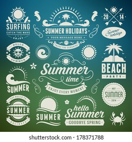 Summer design elements and typography design. Retro and vintage templates. Flourishes calligraphic ornaments, labels, badges, cards. Vector set. 