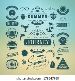 Summer Design Elements And Typography Design. Retro And Vintage Templates. Flourishes Calligraphic Ornaments, Labels, Badges, Cards. Vector Set. 