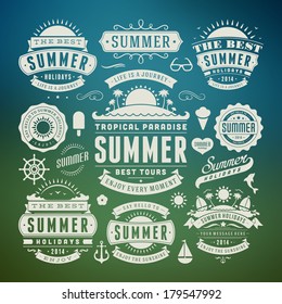 Summer design elements and typography design. Retro and vintage templates. Flourishes calligraphic ornaments, labels, badges, cards. Vector set. 