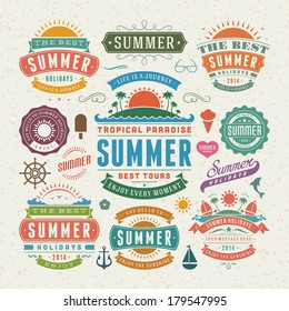 Summer design elements and typography design. Retro and vintage templates. Flourishes calligraphic ornaments, labels, badges, cards. Vector set. 