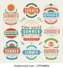 Summer design elements and typography design. Retro and vintage templates. Flourishes calligraphic ornaments, labels, badges, cards. Vector set. 