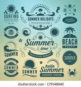 Summer Design Elements And Typography Design. Retro And Vintage Templates. Flourishes Calligraphic Ornaments, Labels, Badges, Cards. Vector Set. 