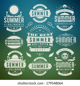 Summer design elements and typography design. Retro and vintage templates. Flourishes calligraphic ornaments, labels, badges, cards. Vector set. 