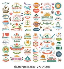 Summer design elements and typography design. Retro and vintage templates. Flourishes calligraphic ornaments, labels, badges, cards. Vector set. 