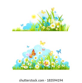 Summer design elements. Vector grass, flowers and butterflies. 