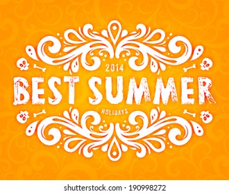 Summer Design with Floral Pattern. Best Summer Holidays Lettering. Orange Seamless Scrolls Background.