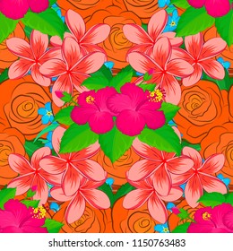 Summer design. Floral pattern can be used for wallpaper, website background, wrapping paper. Vector flower concept. Natural pink, green and orange hibiscus.