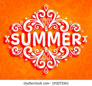 Summer Design with Floral Pattern. Summer Holidays Lettering. Orange Scrolls Background.