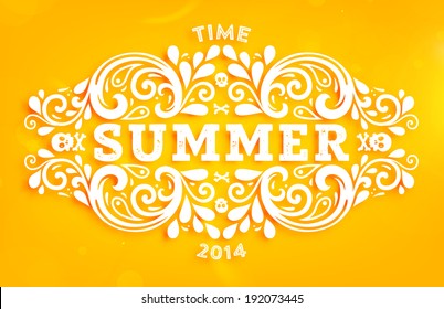 Summer Design with Floral Pattern. Summer Holidays Lettering. Yellow Background.