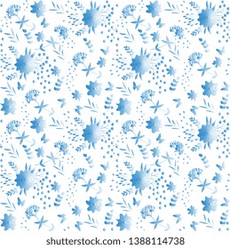 Summer design. Floral pattern of light blue flowers, leaves, butterflies on a white background, gradient, artistic. Vector cute illustration, seamless.