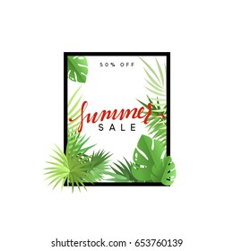 Summer design frame layout. Poster sale with palm branches. Banner with green tropical leaves.