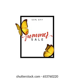 Summer design frame layout. Poster sale with beautiful elegant butterflies.