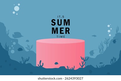 summer design illustration background with podium, fish, deep sea, under water. for banner, poster, product placement