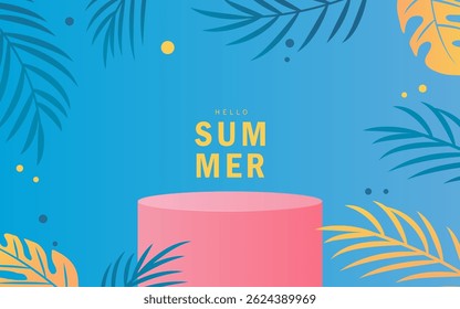 summer design illustration in blue background with podium and tropical leaf. for banner, poster, product placement