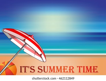 Summer design. Lettering - "It's summer time" against the sea, beach umbrella and ball. Vector illustration
