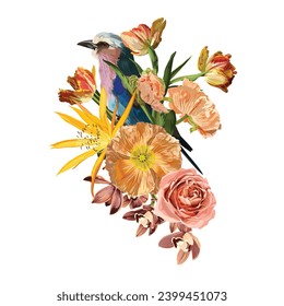 Summer design with Lilac breasted Roller bird and orange garden, tropical flowers. Voucher discount. Card template.