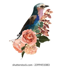 Summer design with Lilac breasted Roller bird and brown garden, tropical flowers. Voucher discount. Card template.