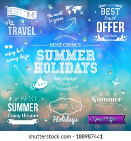 Summer design on blurred background. Set of typographic labels for summer holidays. Vector illustration.