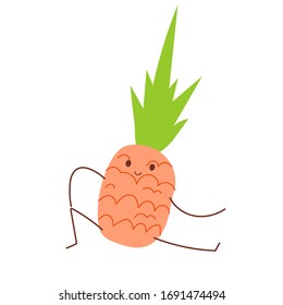 Summer Design With orange sweet pineapple mascot cute kawaii face. Cartoon flat style. Vector illustration with bright lettering Isolated on white background.