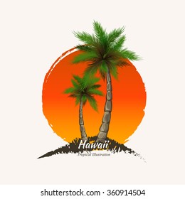 Summer design over orange background vector illustration. Palm trees grunge summer background. Print for t-shirt and poster summer party