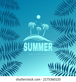 Diseño de verano con hojas de palma. La silueta de la isla tropical de fondo azul. Ilustración del vector