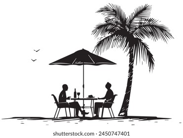 summer design palm tree sitting on chair front table and umbrella man beach for print on demand black bold simple outline vector