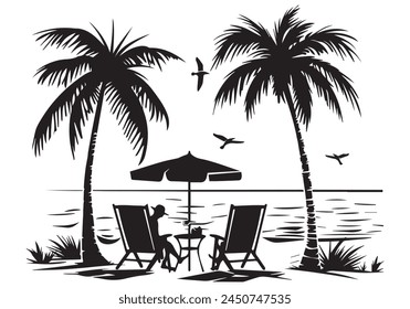 summer design palm tree sitting on chair front table and umbrella man beach white backgrounds vector