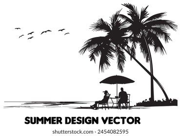summer design palm tree sitting on chair front table and umbrella man vector